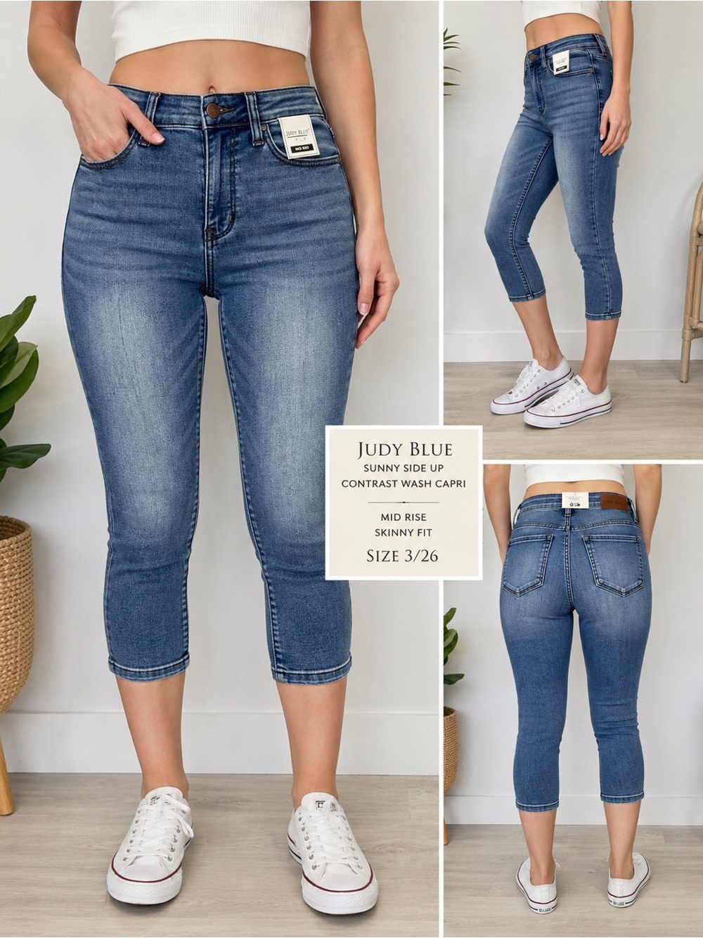 NWT Judy Blue Sunny Side Up Contrast Wash Mid Rise Skinny Capri Jeans Size 3/26
